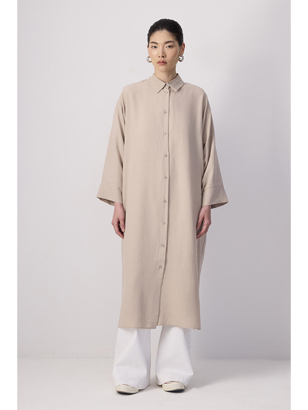 Bej Özel Dokulu Maxı Tunik