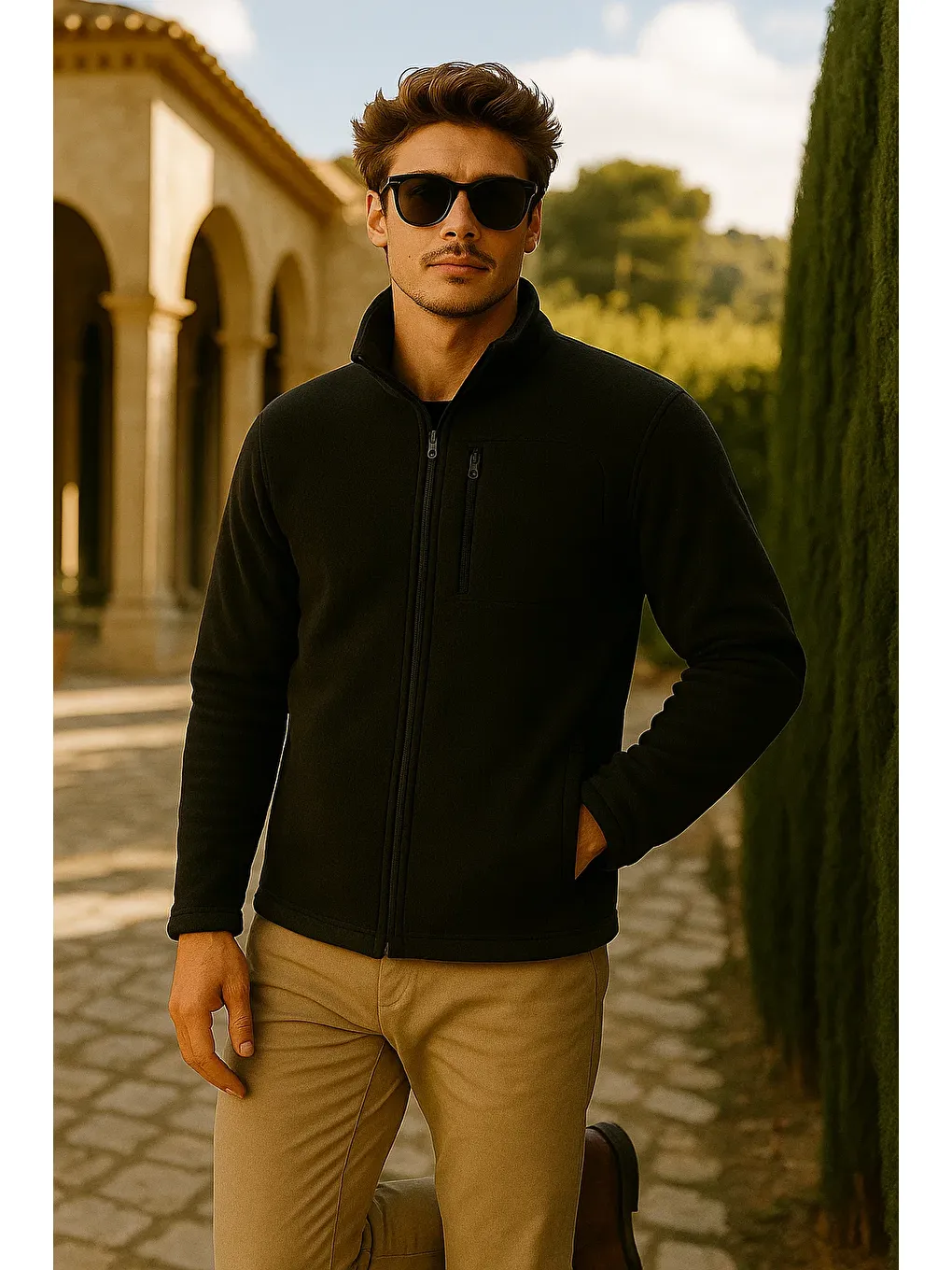 Erkek Kalın Fermuarlı Kışlık Cepli Siyah Polar Ceket-3