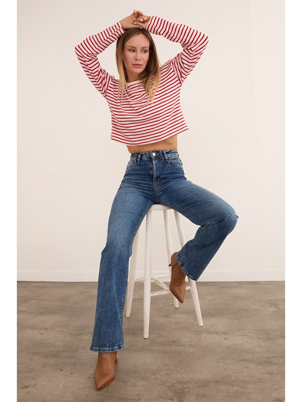 Bordo Çizgili Crop İnce Triko Kazak