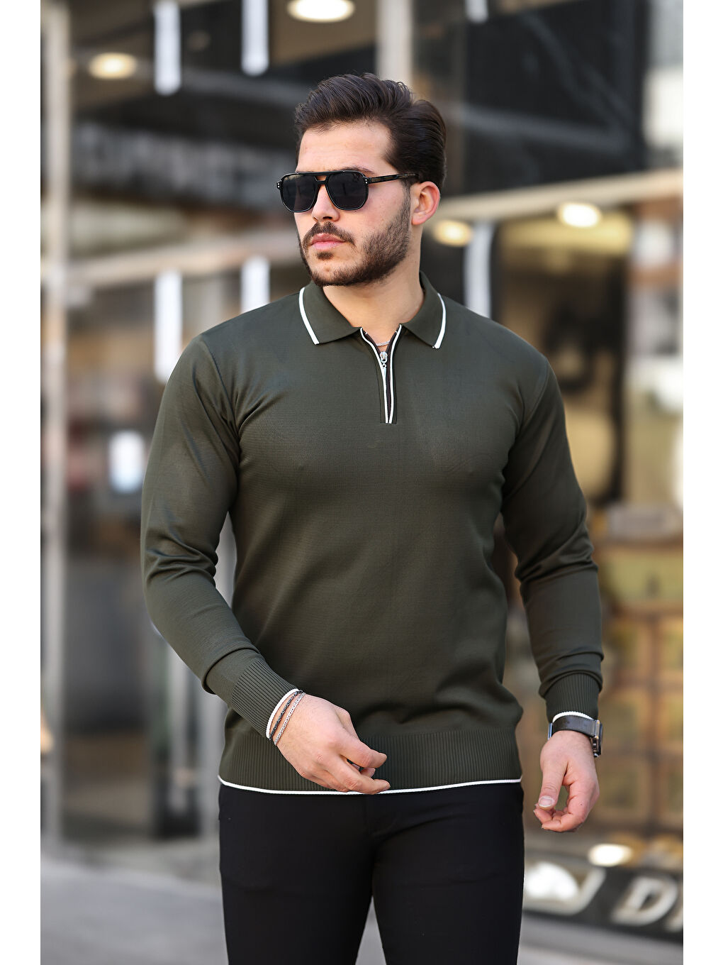 Haki Fermuar Yaka Çizgi Detaylı Erkek Kazak