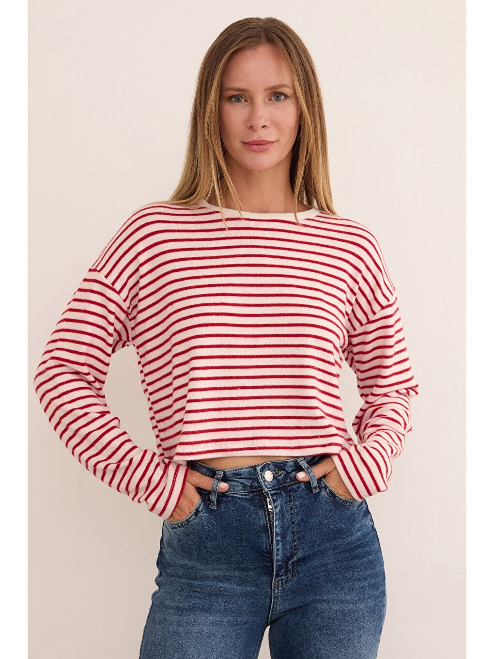 Bordo Çizgili Crop İnce Triko Kazak-1
