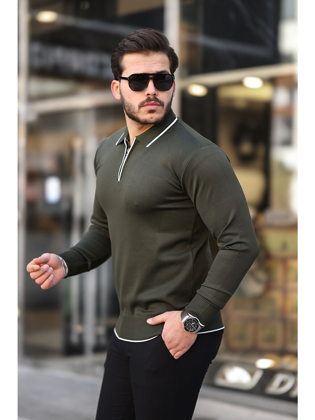 Haki Fermuar Yaka Çizgi Detaylı Erkek Kazak-2