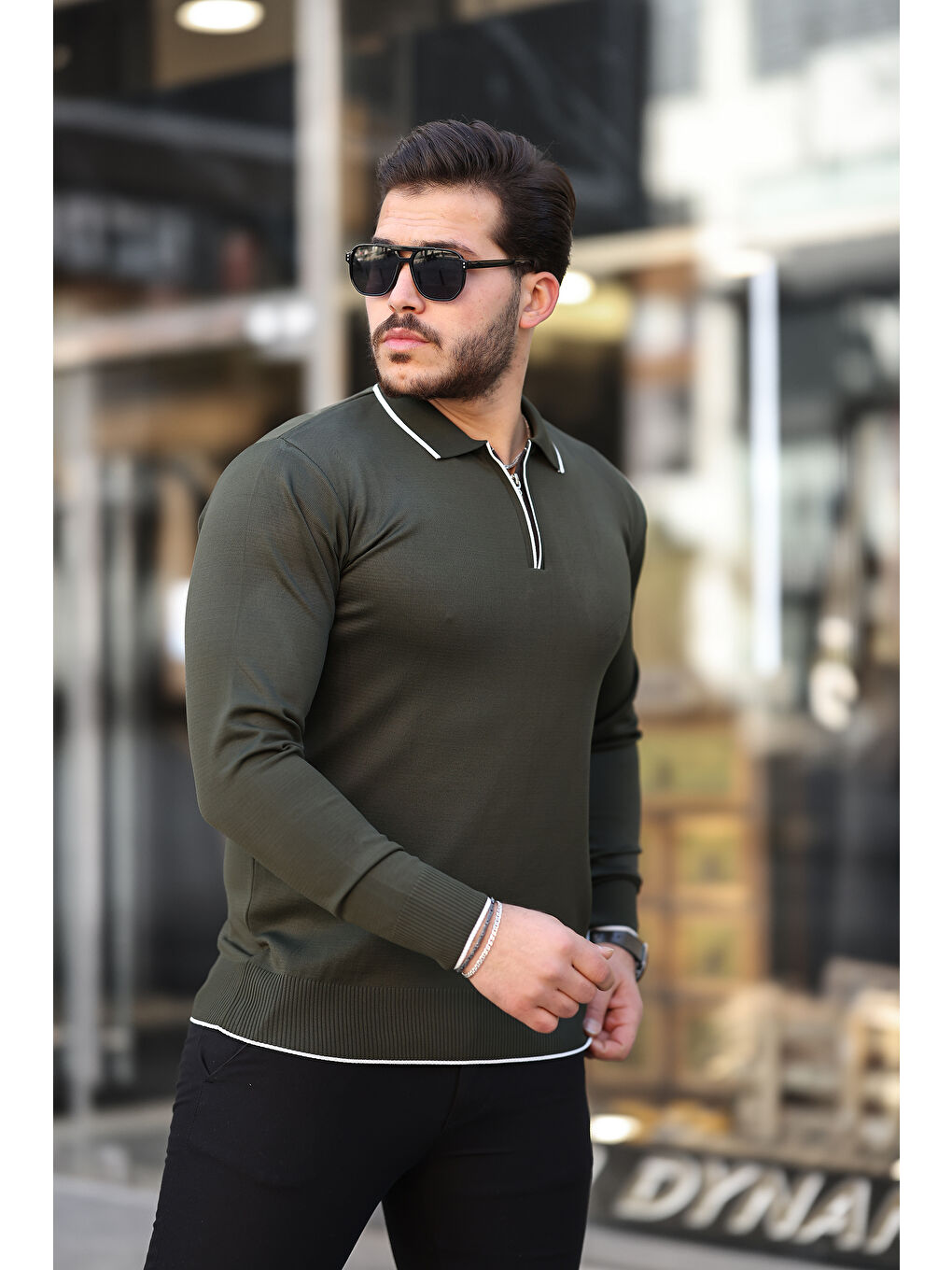 Haki Fermuar Yaka Çizgi Detaylı Erkek Kazak-3