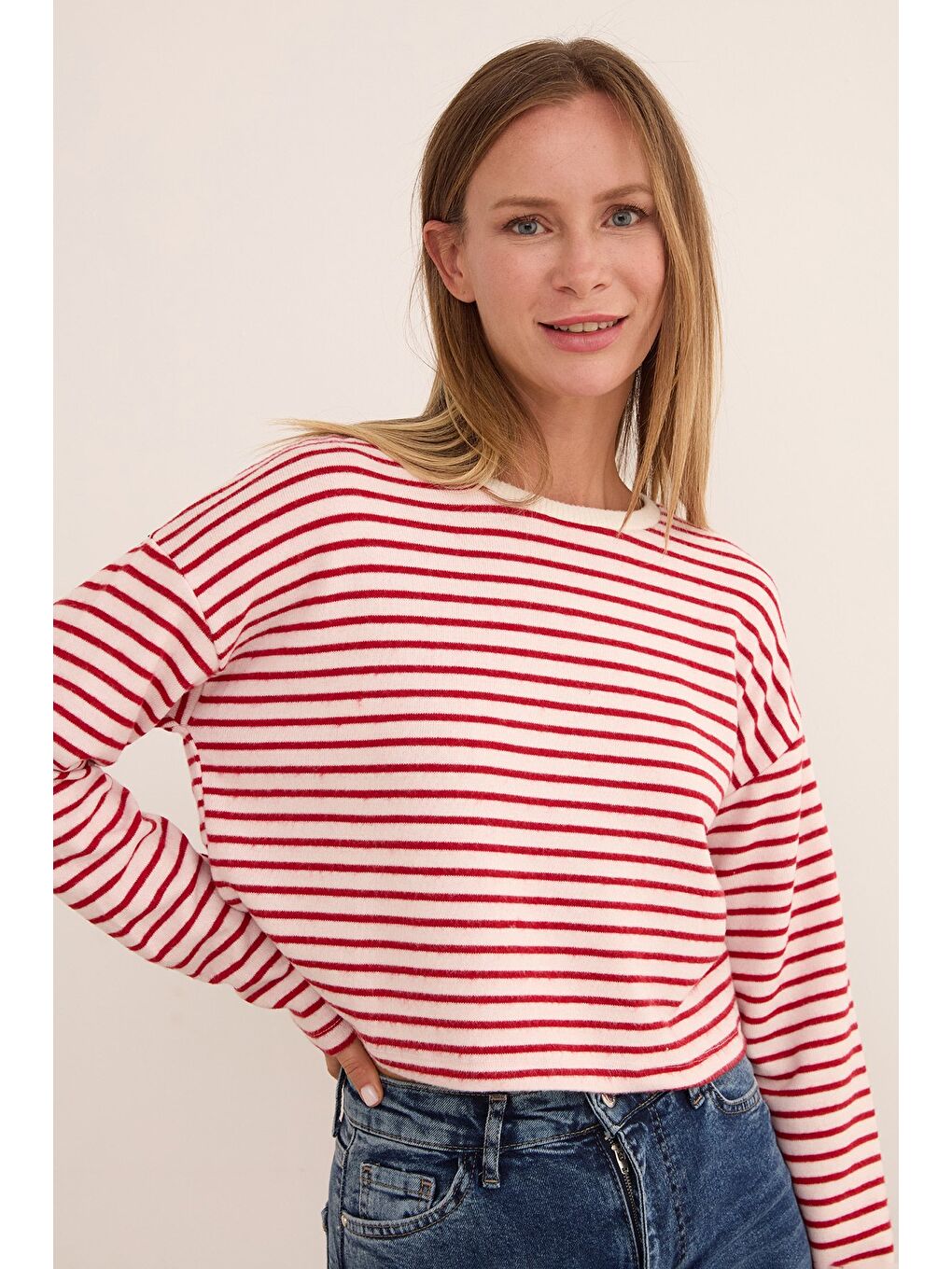 Bordo Çizgili Crop İnce Triko Kazak-2