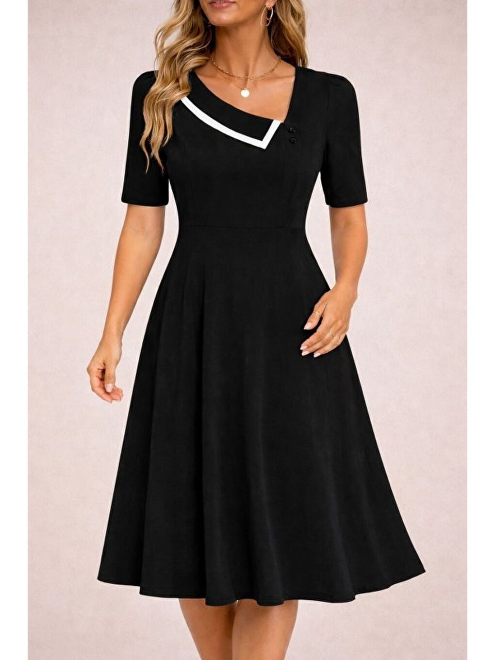 Siyah Kadın Kısa Kollu Asimetrik Yaka Detaylı Midi Janjan Krep Elbise