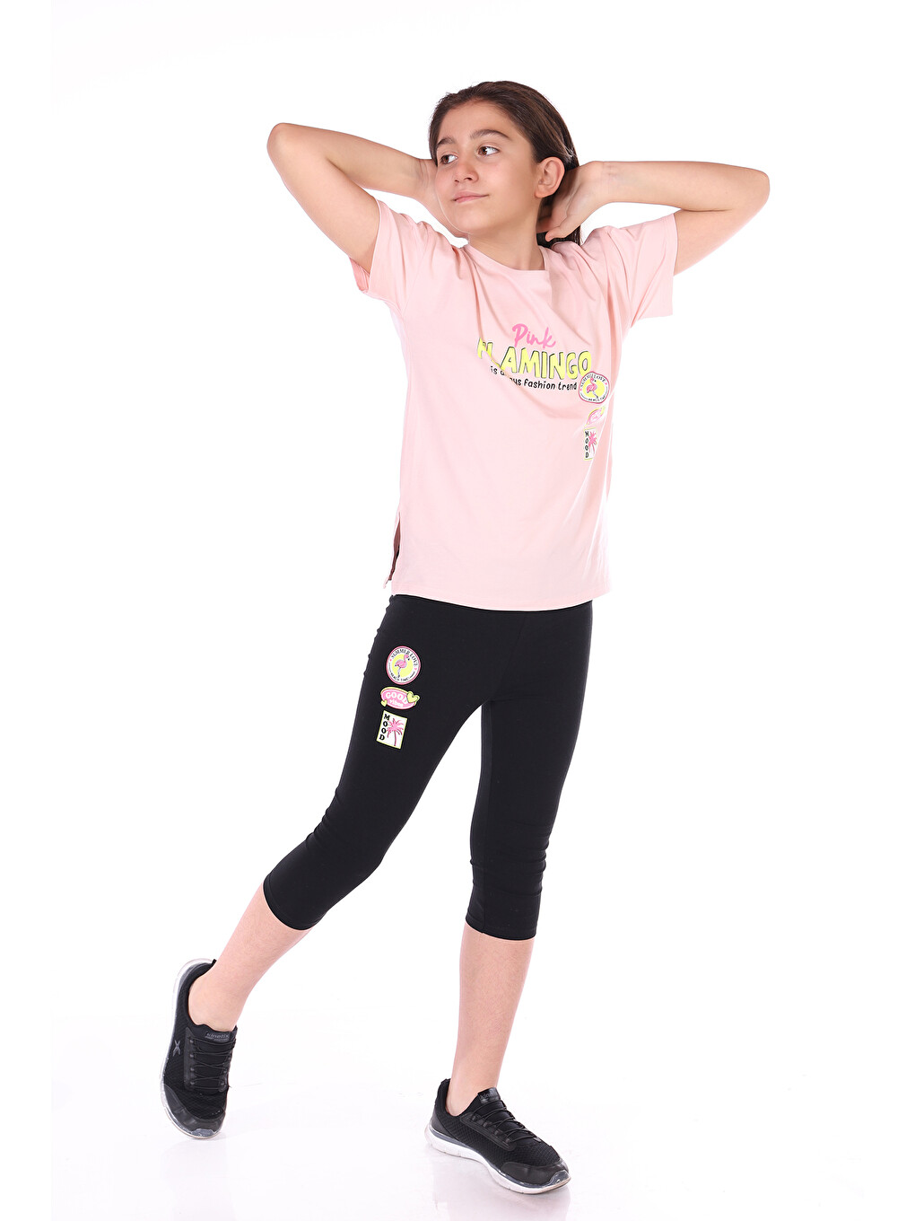 Pembe Kız Çocuk Pink Flamingo Baskılı Kaprili Takım-2