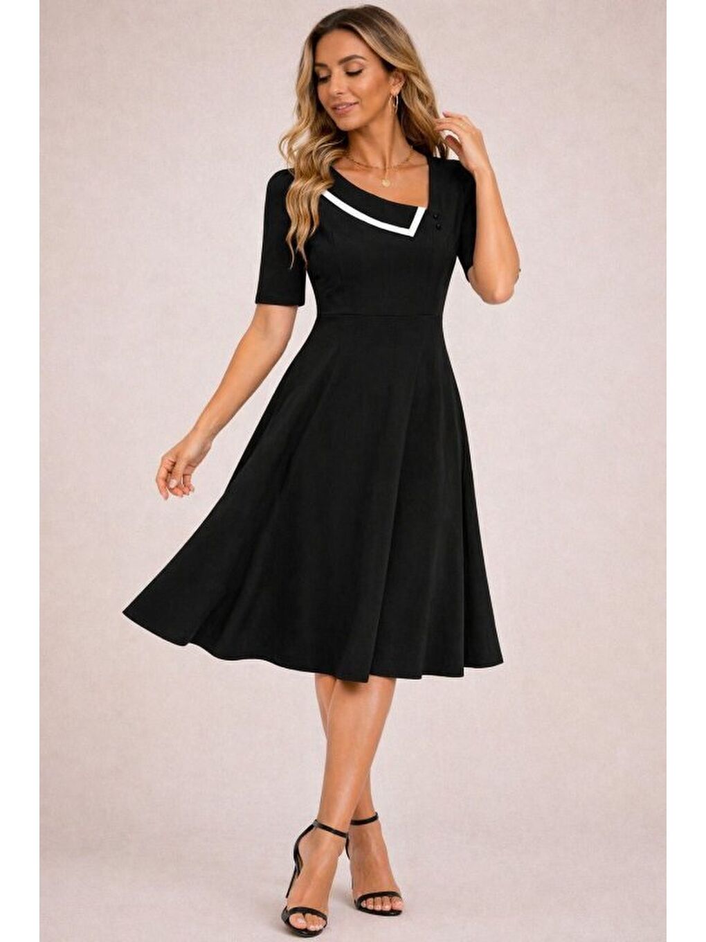 Siyah Kadın Kısa Kollu Asimetrik Yaka Detaylı Midi Janjan Krep Elbise-1