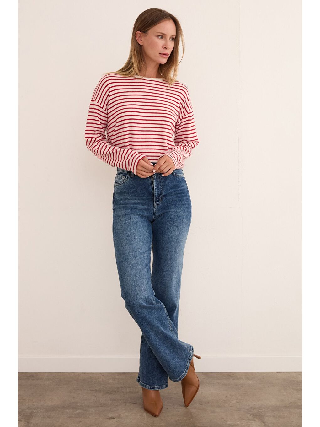 Bordo Çizgili Crop İnce Triko Kazak-3
