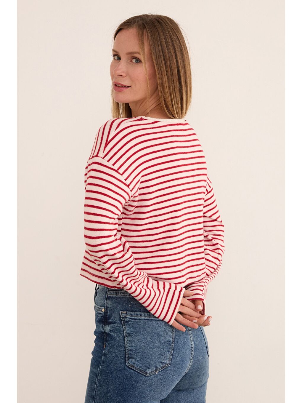 Bordo Çizgili Crop İnce Triko Kazak-4