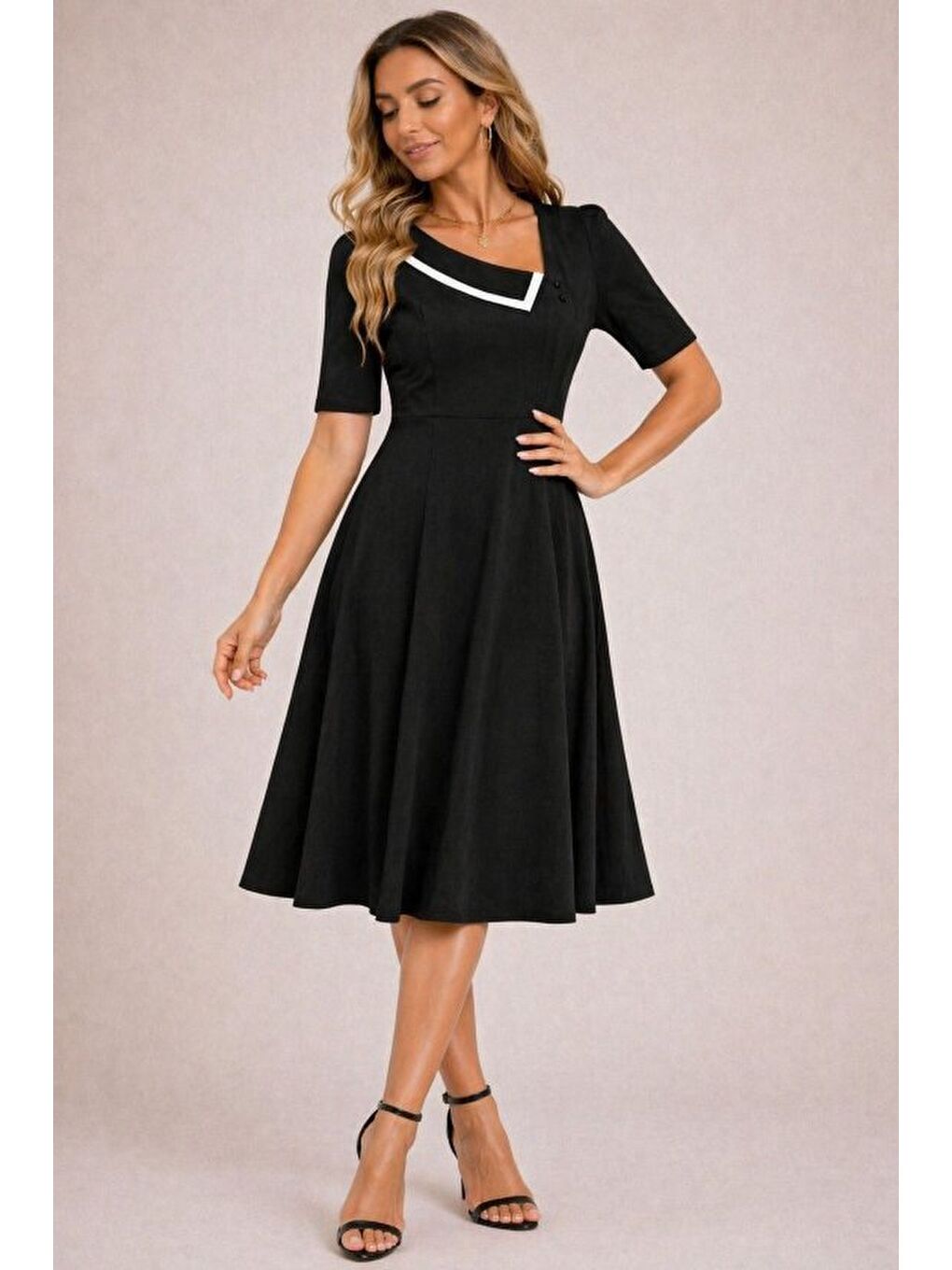 Siyah Kadın Kısa Kollu Asimetrik Yaka Detaylı Midi Janjan Krep Elbise-2