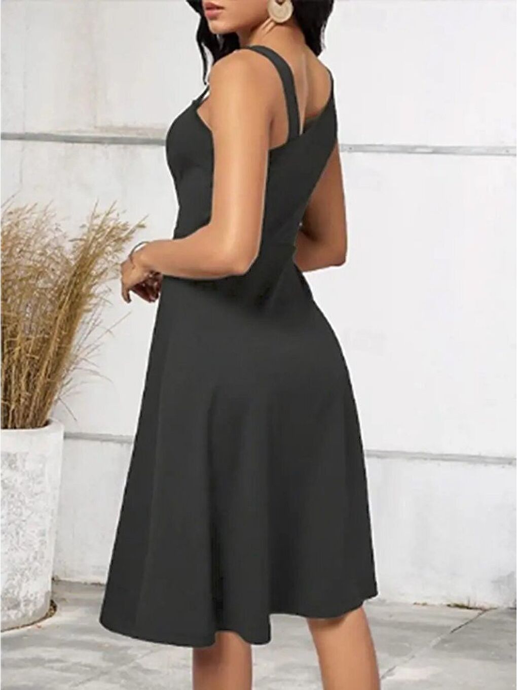 Gri Kadın Tek Omuzu şerit Detaylı Kolsuz Yandan Düğme Detaylı Janjan Krep Elbise-1