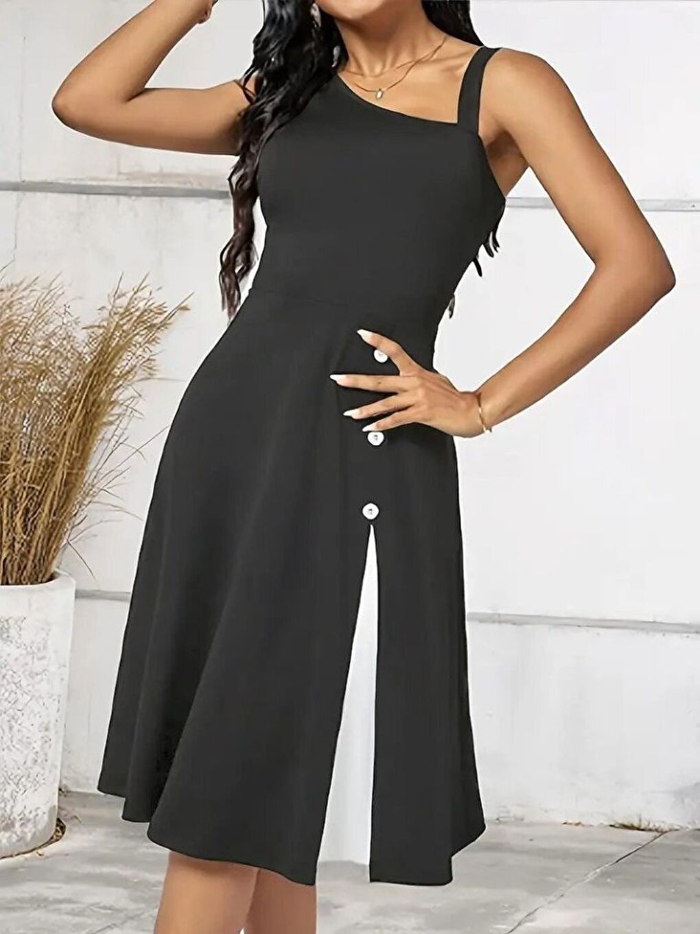 Gri Kadın Tek Omuzu şerit Detaylı Kolsuz Yandan Düğme Detaylı Janjan Krep Elbise-2