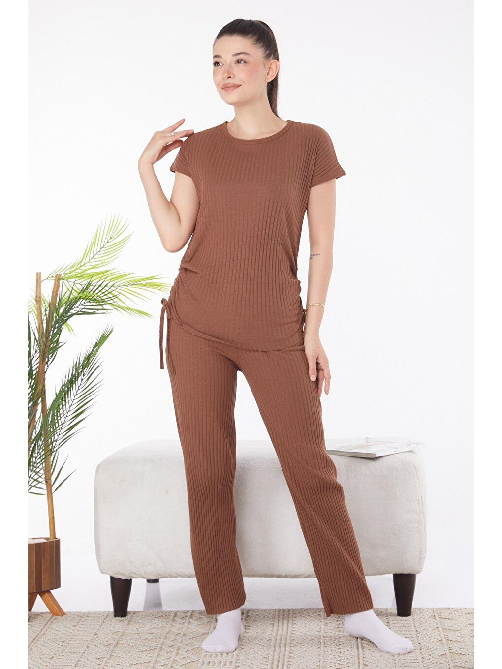 Bisiklet Yaka Kadın Kahverengi Yanları Bağcıklı İkili Takım