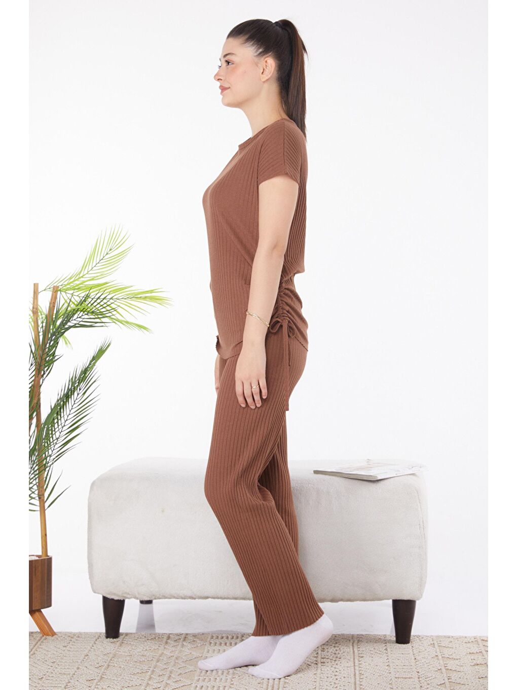 Bisiklet Yaka Kadın Kahverengi Yanları Bağcıklı İkili Takım-1