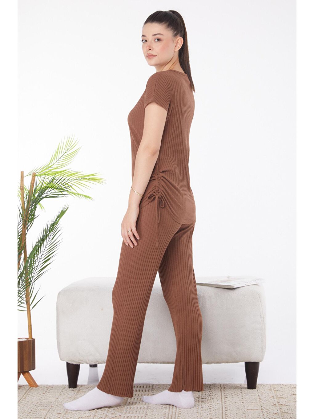 Bisiklet Yaka Kadın Kahverengi Yanları Bağcıklı İkili Takım-2