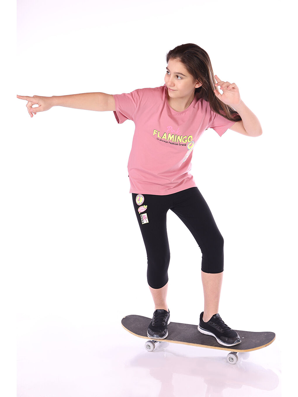 Pembe Kız Çocuk Pink Flamingo Baskılı Kaprili Takım-1