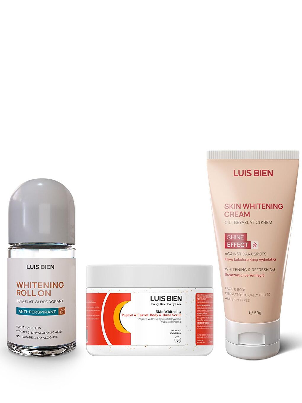 Luis Bien Şeffaf Cilt Beyazlatıcı Peeling/Scrub & Cilt Beyazlatıcı Krem & Roll-on 3'lü Set