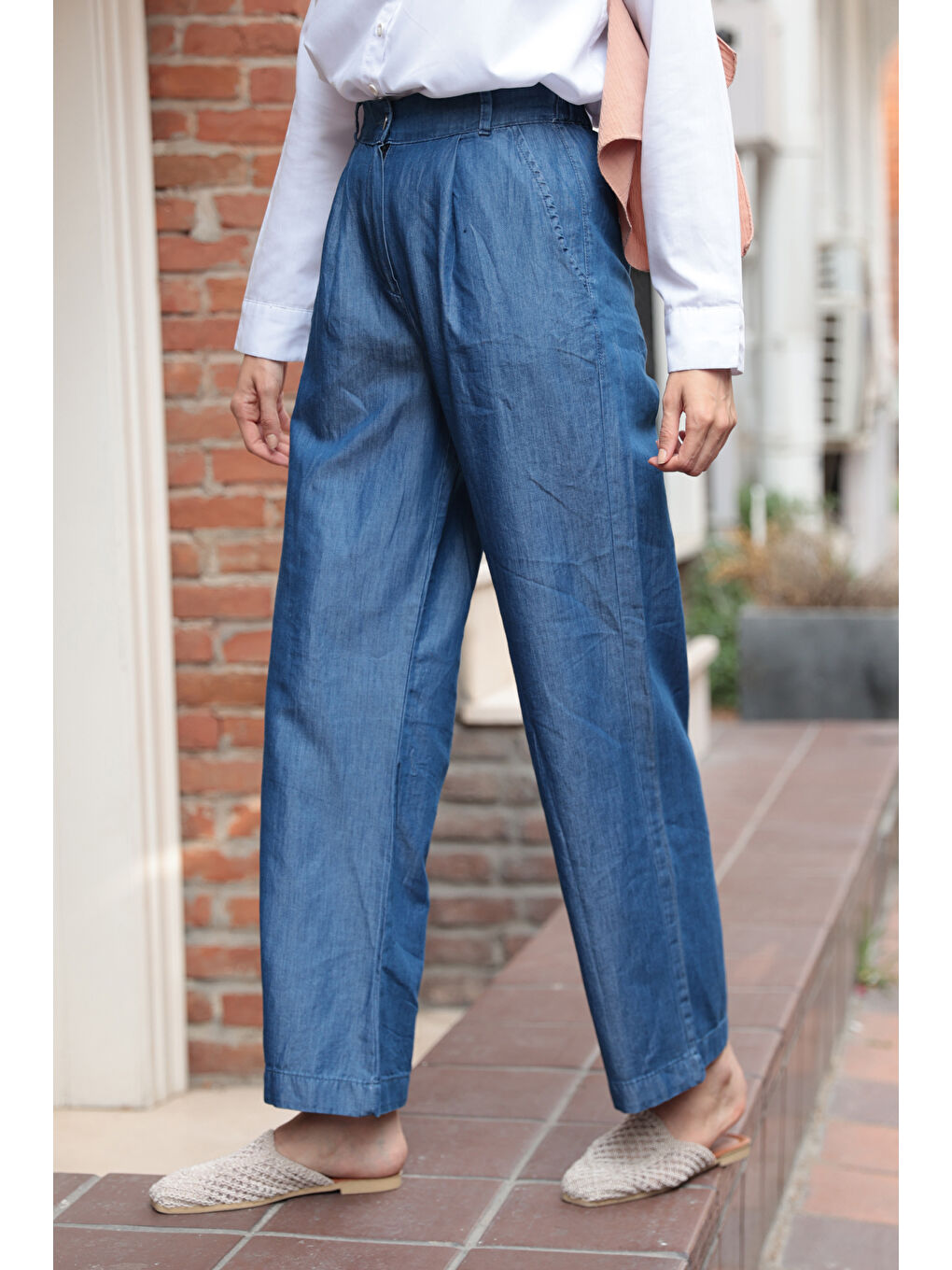 Kadın Yarım Lastikli Jean Pantolon Koyu Mavi