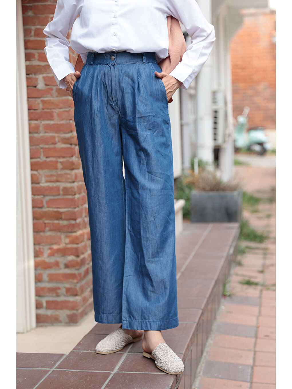 Kadın Yarım Lastikli Jean Pantolon Koyu Mavi-1