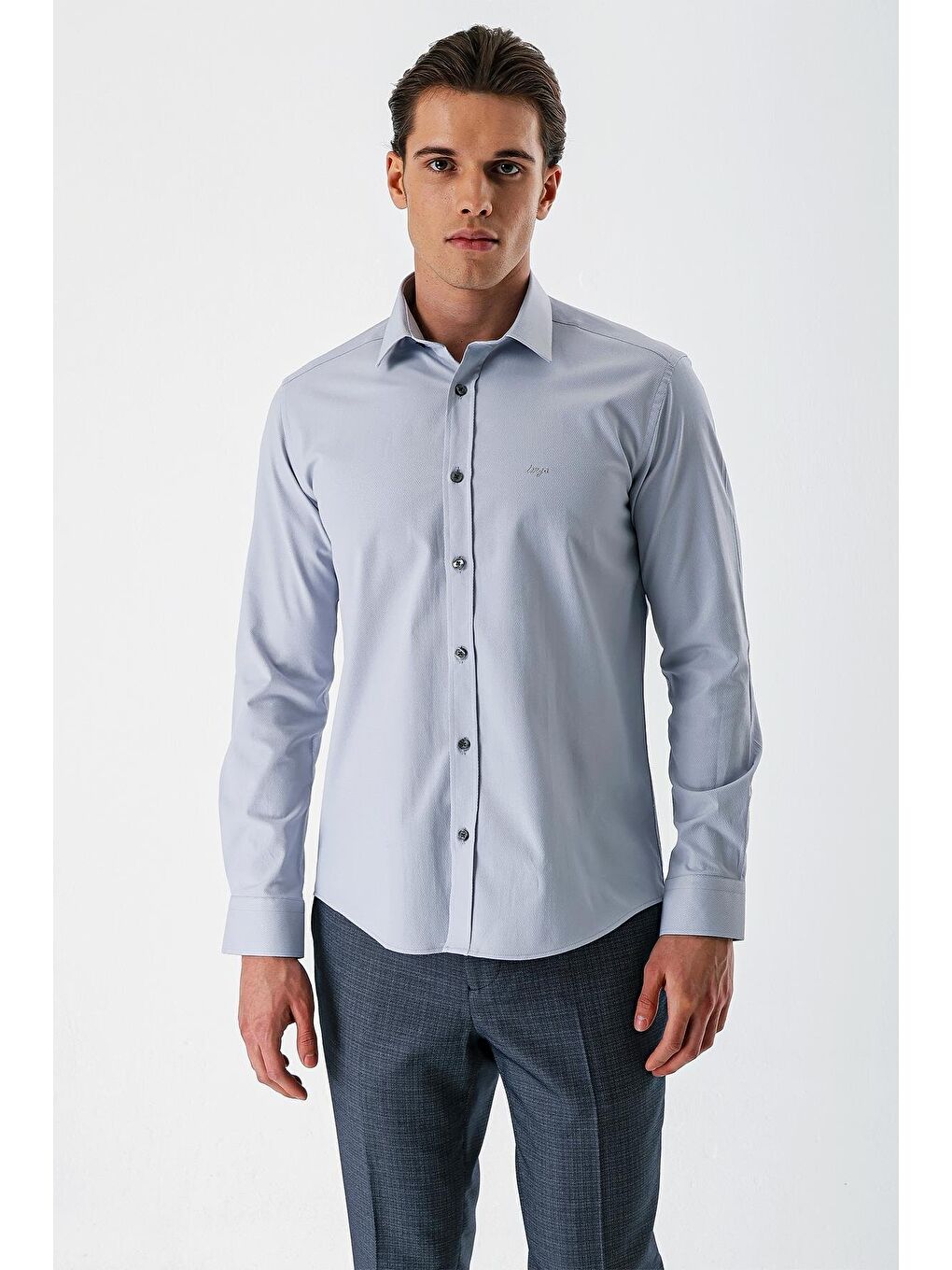 Gri Uzun Kollu Armürlü Cepsiz Pamuklu Elastanlı Slim Fit Dar Kesim Gömlek 1004240193