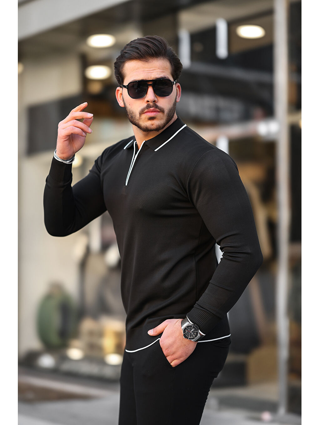 Siyah Fermuar Yaka Çizgi Detaylı Erkek Kazak-2