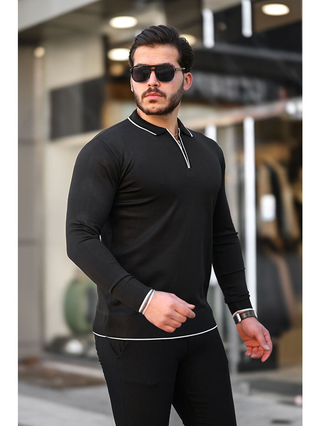 Siyah Fermuar Yaka Çizgi Detaylı Erkek Kazak-3