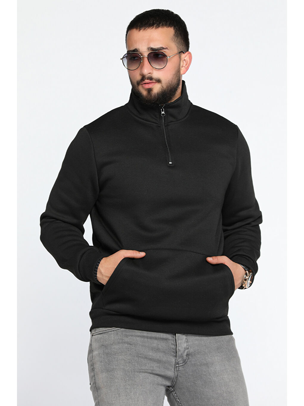 Mishar İtalia Siyah Yarım Fermuarlı Üç İplik Şardonlu Erkek Sweatshirt