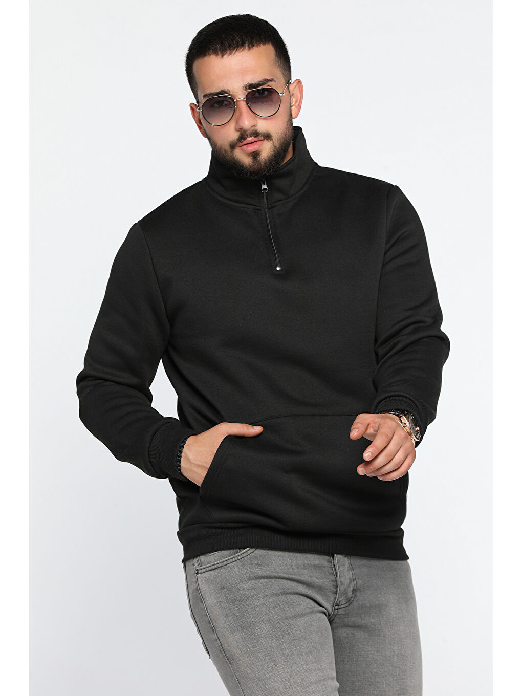 Mishar İtalia Siyah Yarım Fermuarlı Üç İplik Şardonlu Erkek Sweatshirt - 1