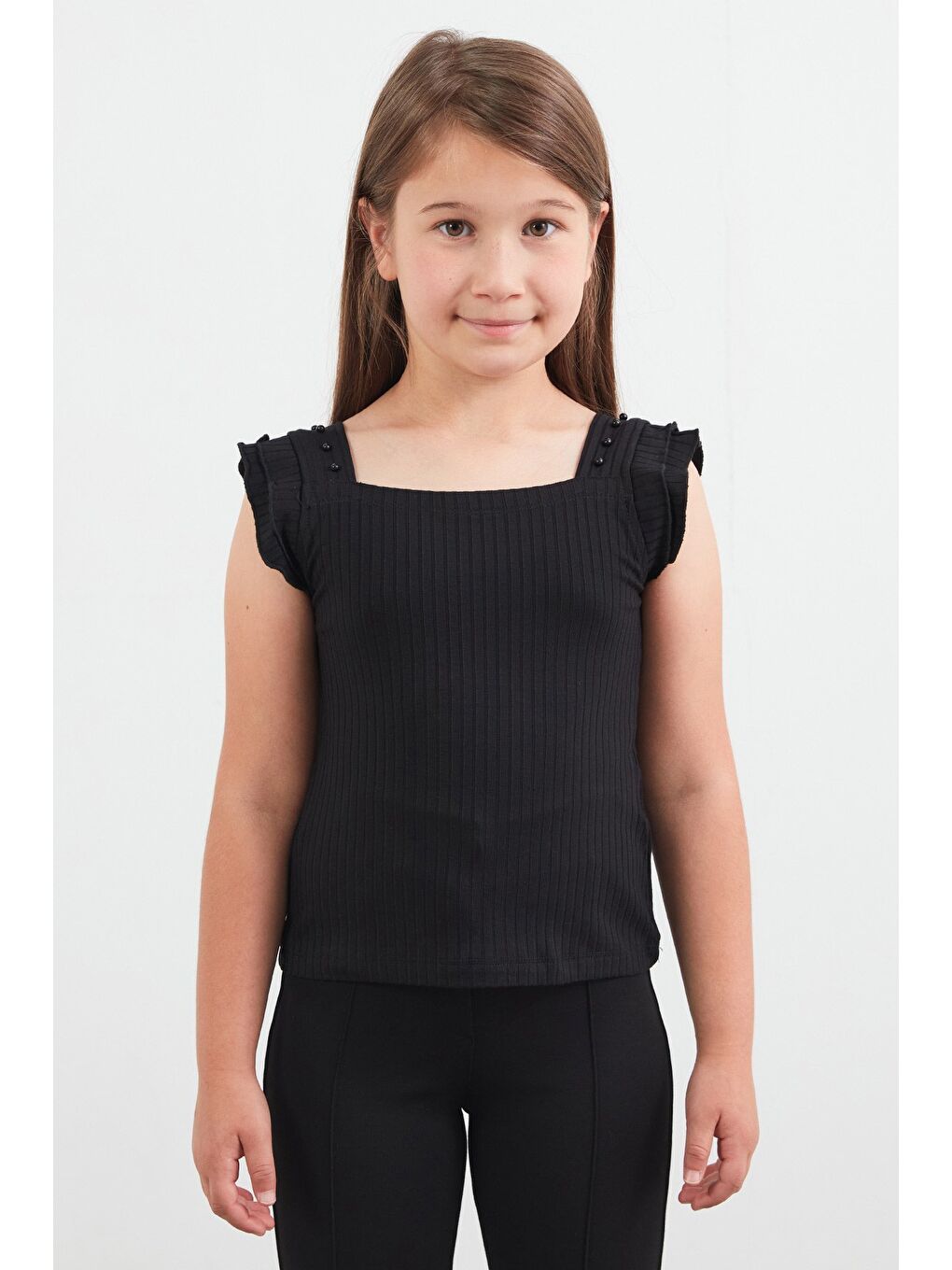Siyah İncili Kare Yaka Kız Çocuk Bluz-1