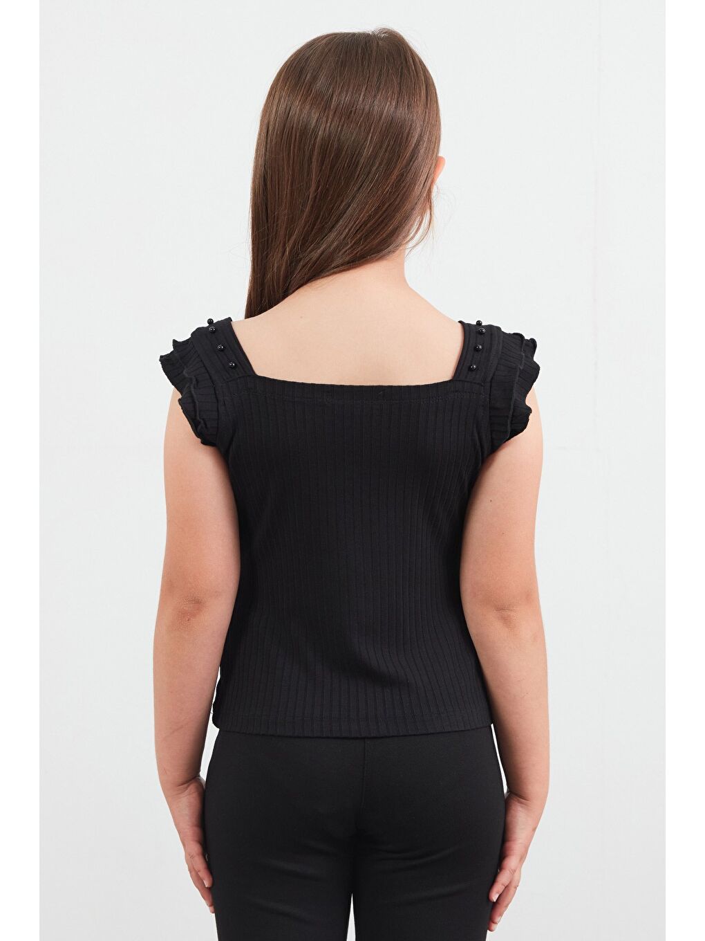 Siyah İncili Kare Yaka Kız Çocuk Bluz-3