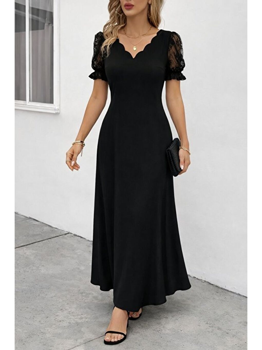 Siyah Kadın Kısa Kollu V Yakalı Uzun Janjan Elbise