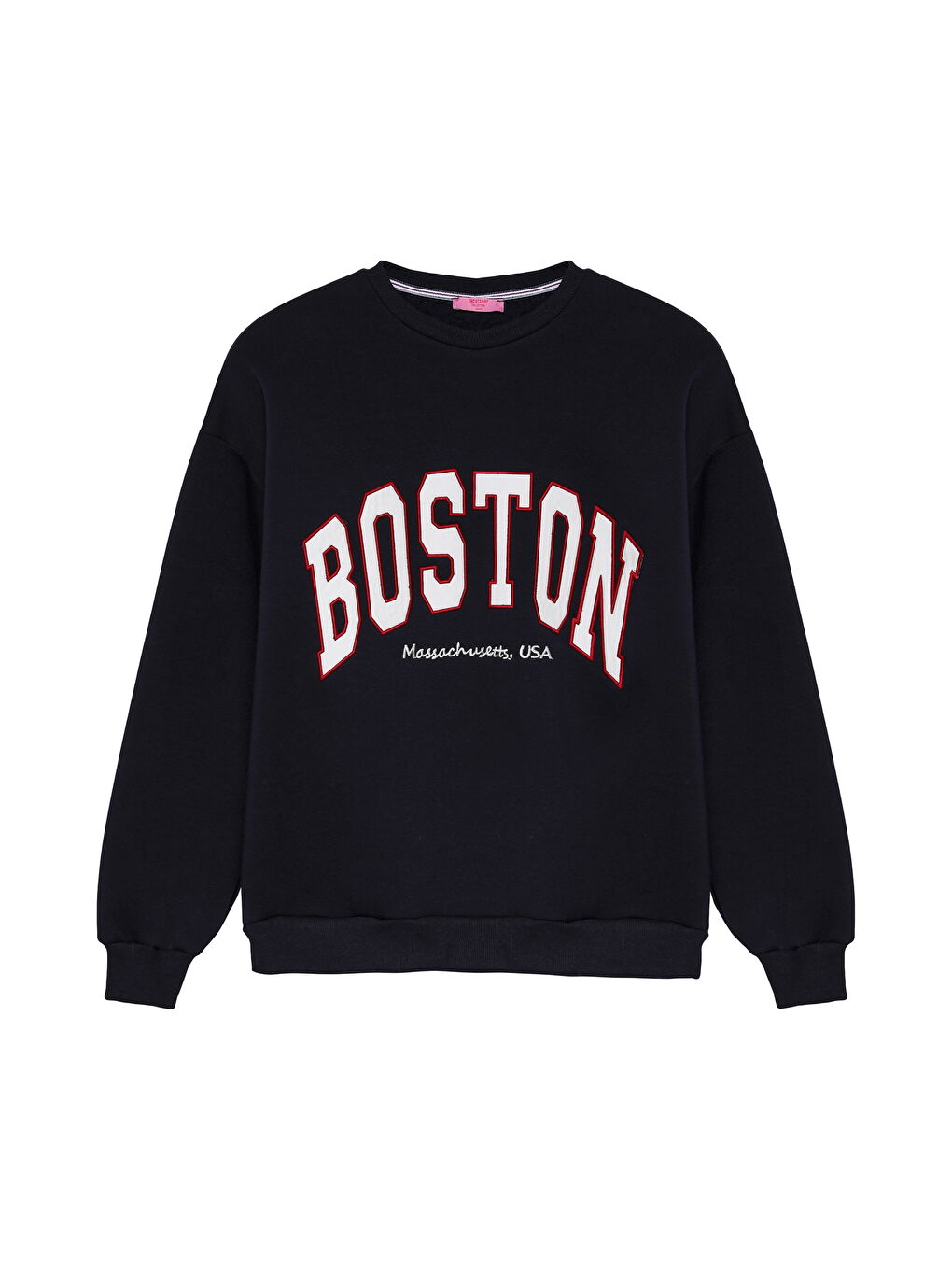 QUZU Lacivert Kolu Fermuarlı Boston Yazılı Sweatshirt Lacivert