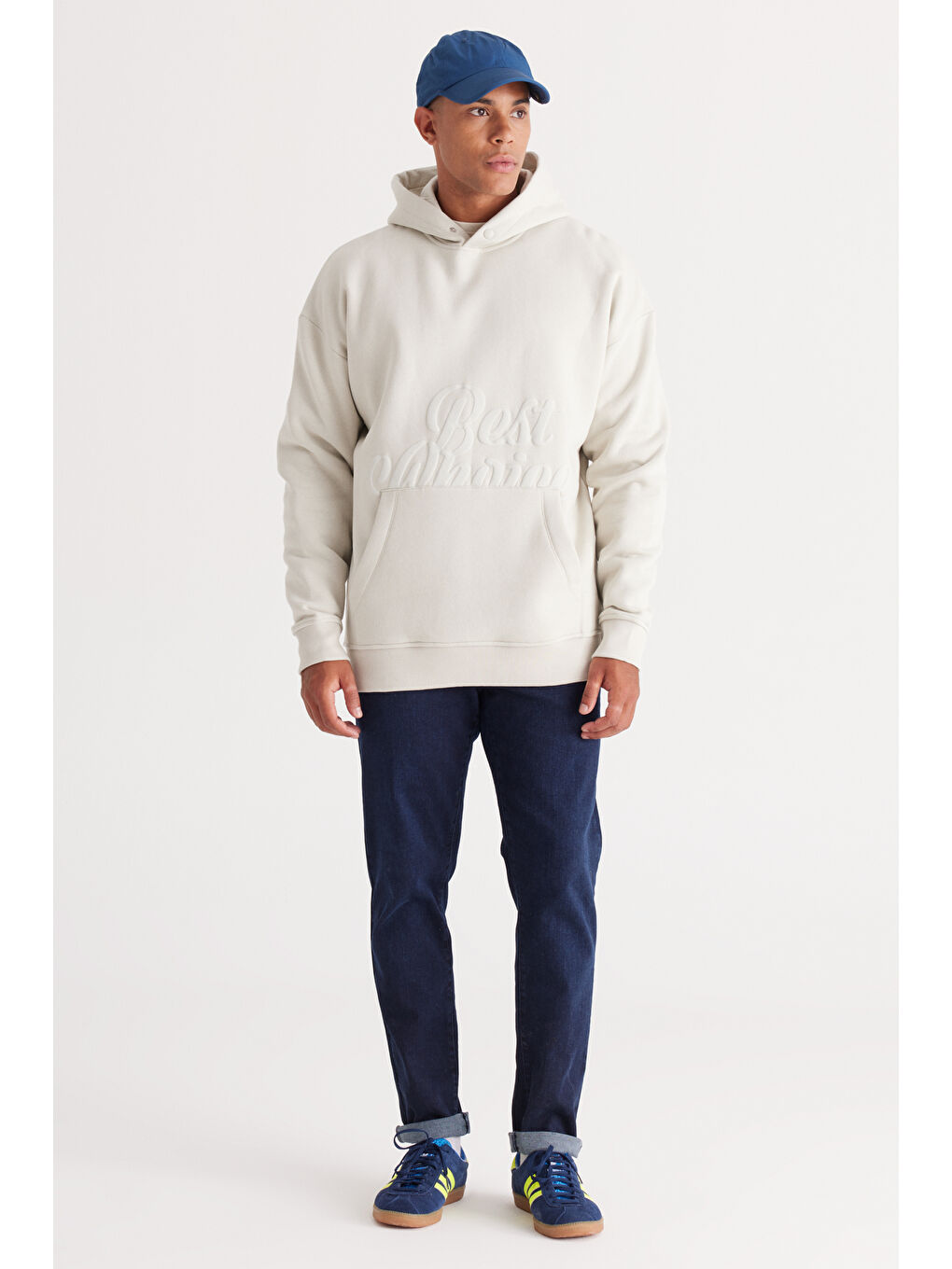 Erkek Bej Oversize Fit Bol Kesim Kapüşonlu İçi Polarlı Baskılı Sweatshirt-2