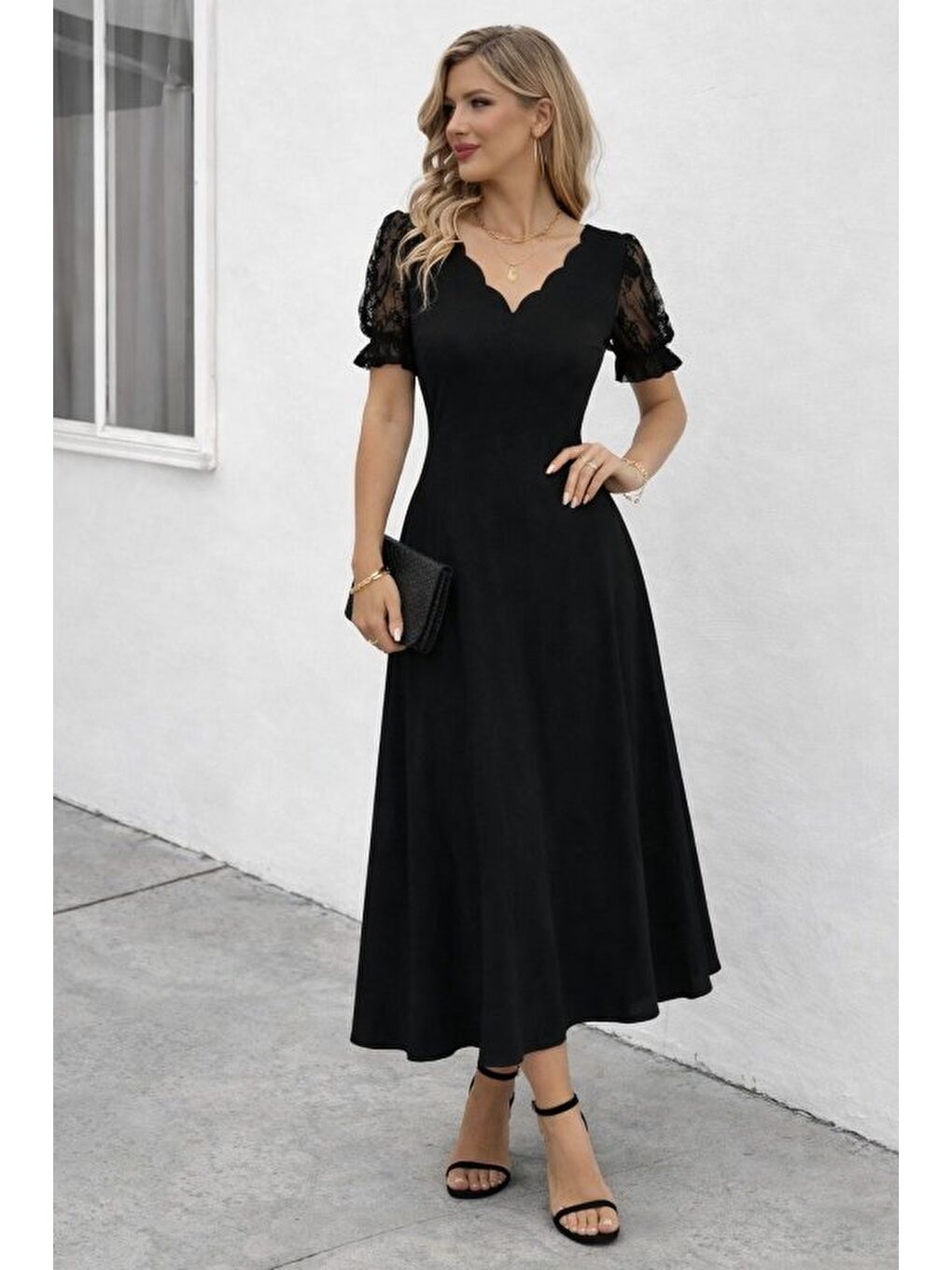 Siyah Kadın Kısa Kollu V Yakalı Uzun Janjan Elbise-1