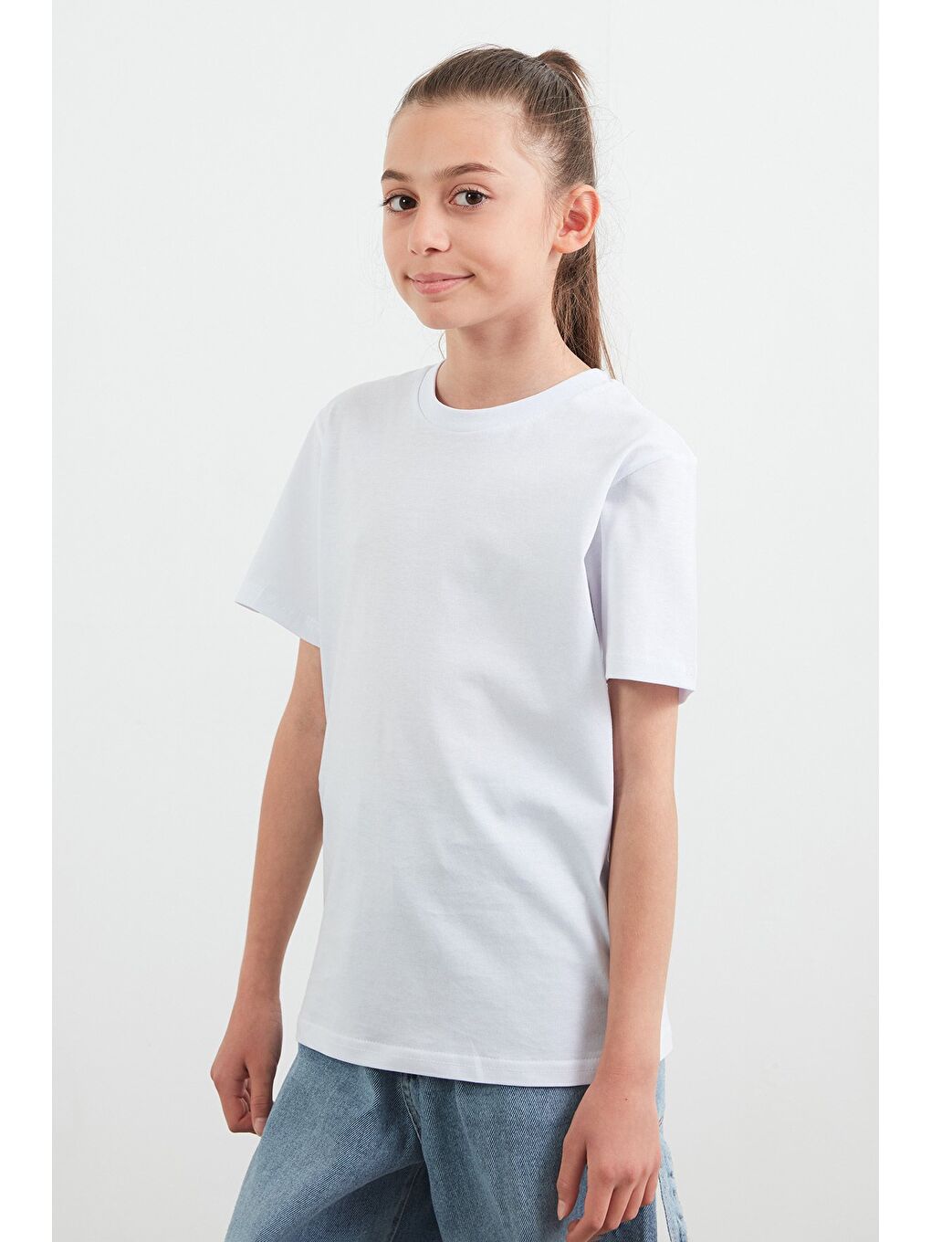 Beyaz %100 Pamuk Basic Unisex Çocuk Tşört-2
