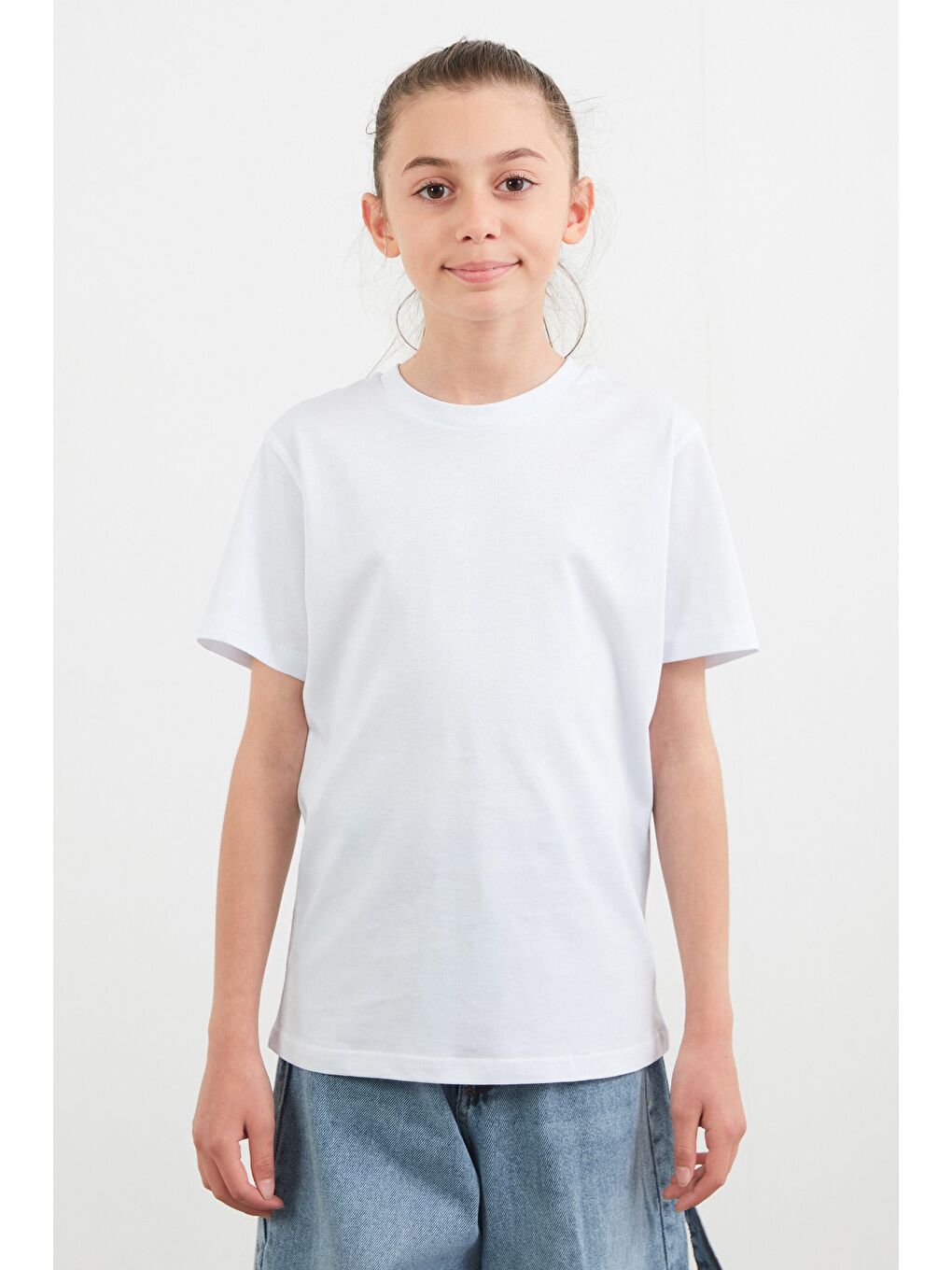 Beyaz %100 Pamuk Basic Unisex Çocuk Tşört-3