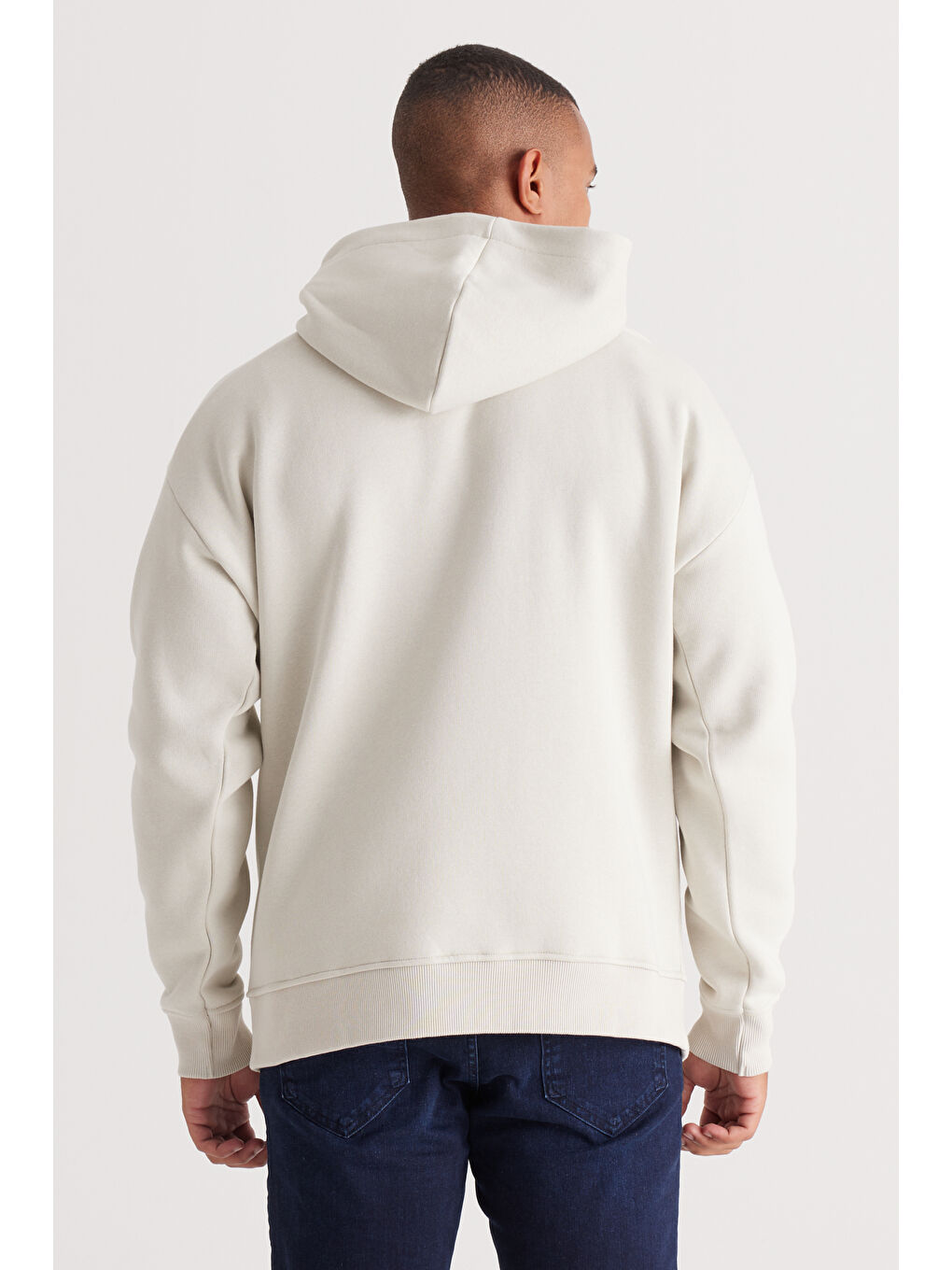 Erkek Bej Oversize Fit Bol Kesim Kapüşonlu İçi Polarlı Baskılı Sweatshirt-5