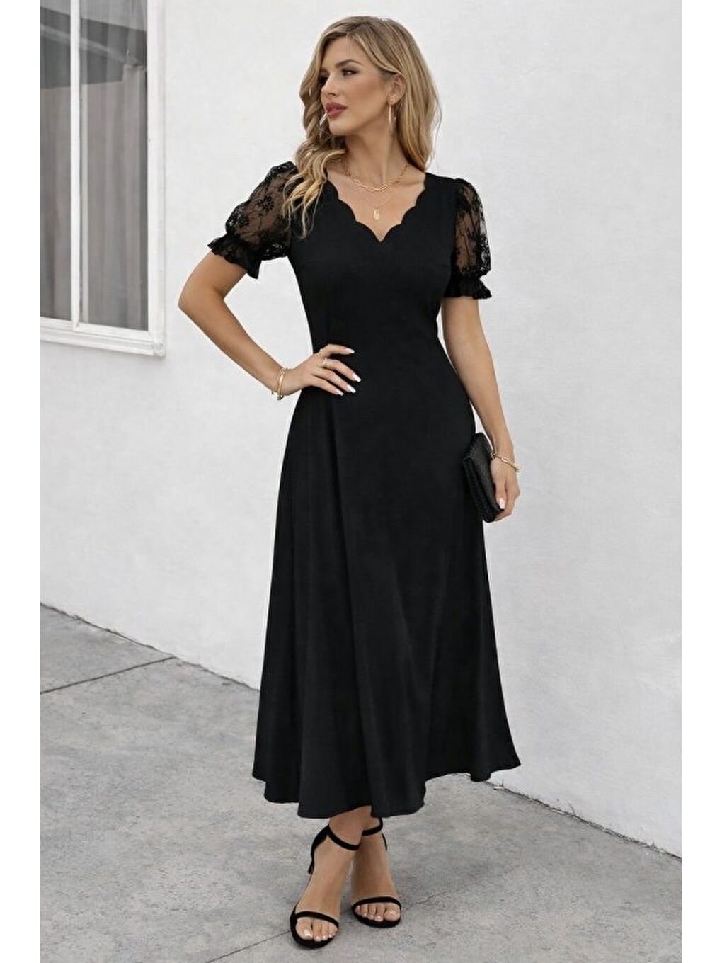 Siyah Kadın Kısa Kollu V Yakalı Uzun Janjan Elbise-2