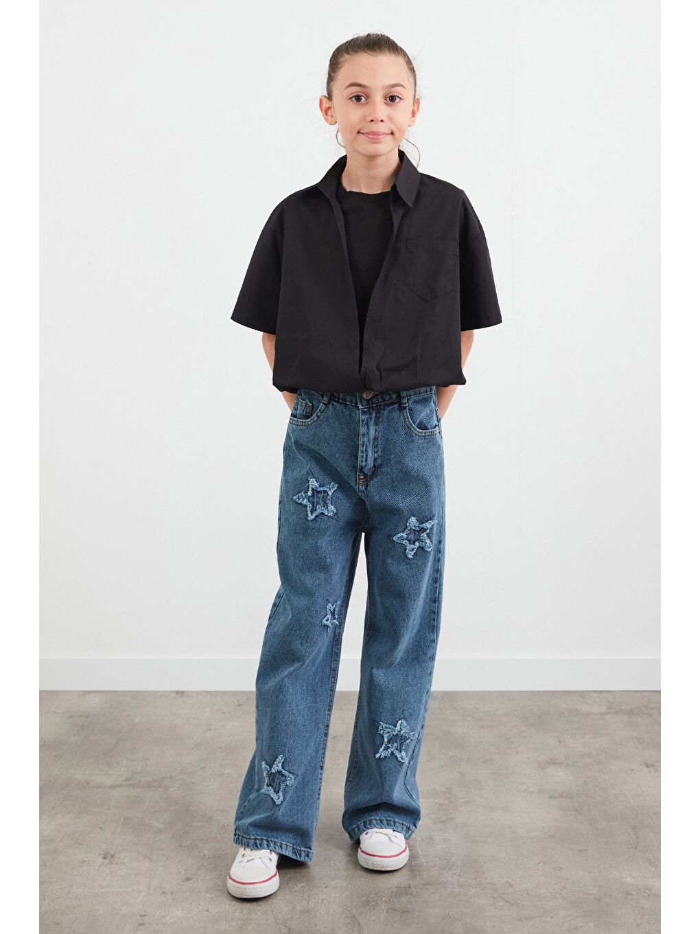 Siyah Cepli Tişörtlü Kız Çocuk Gömlek-1