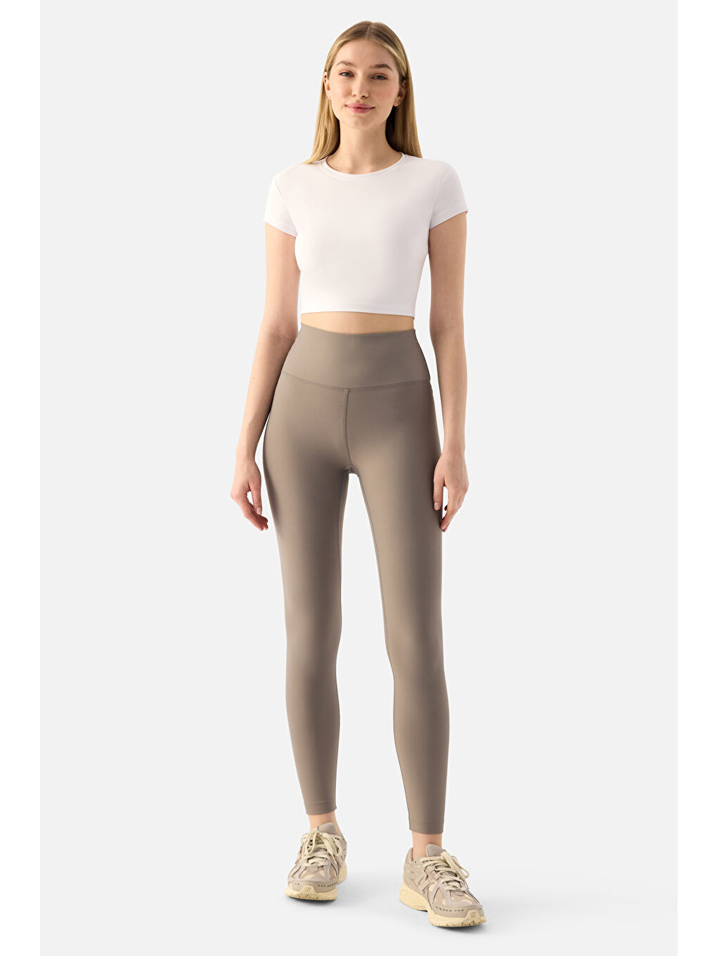 Bej Liora Yüksek Bel Yumuşak 7/8 Taş Rengi Spor Tayt