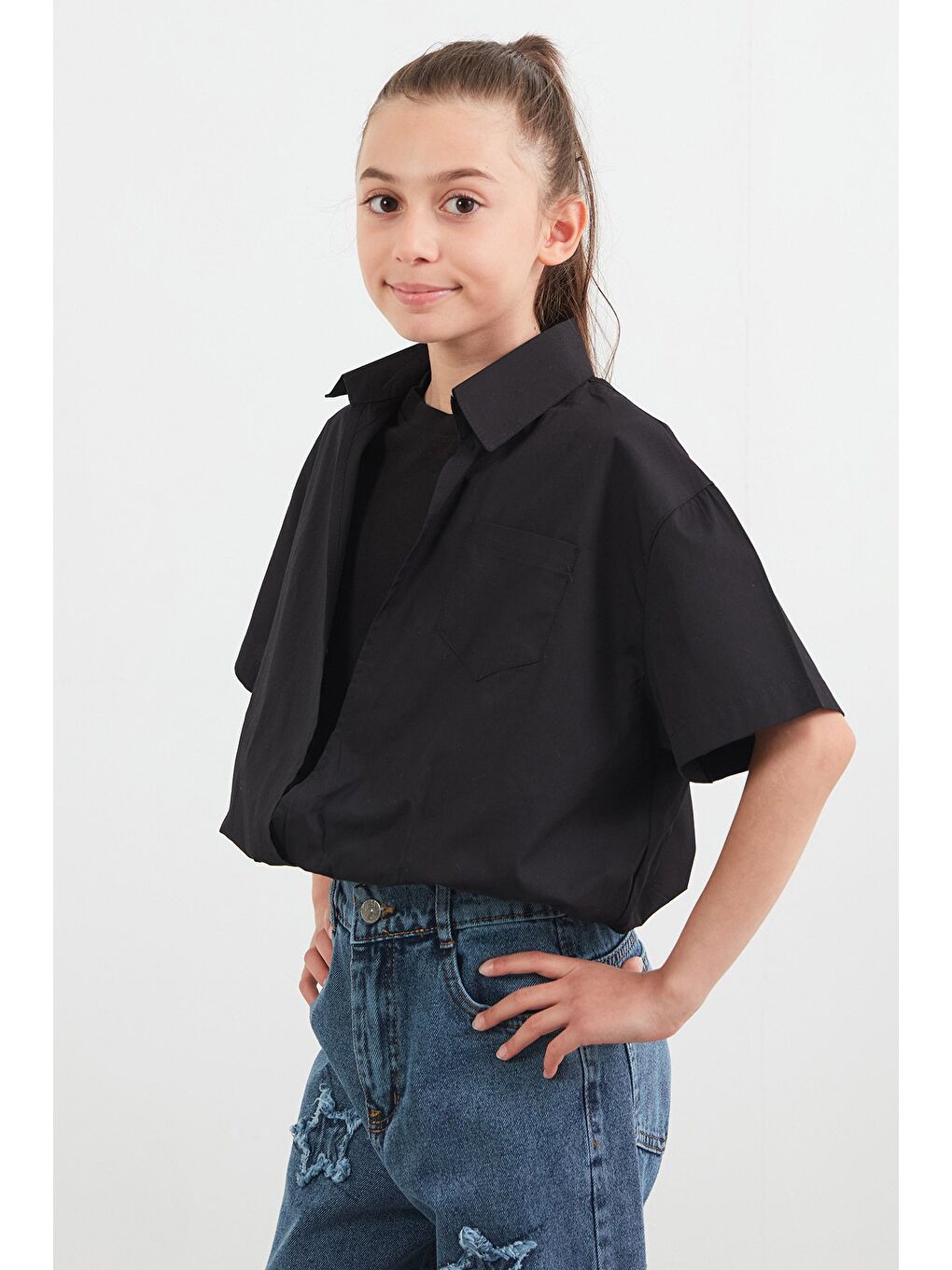 Siyah Cepli Tişörtlü Kız Çocuk Gömlek-2
