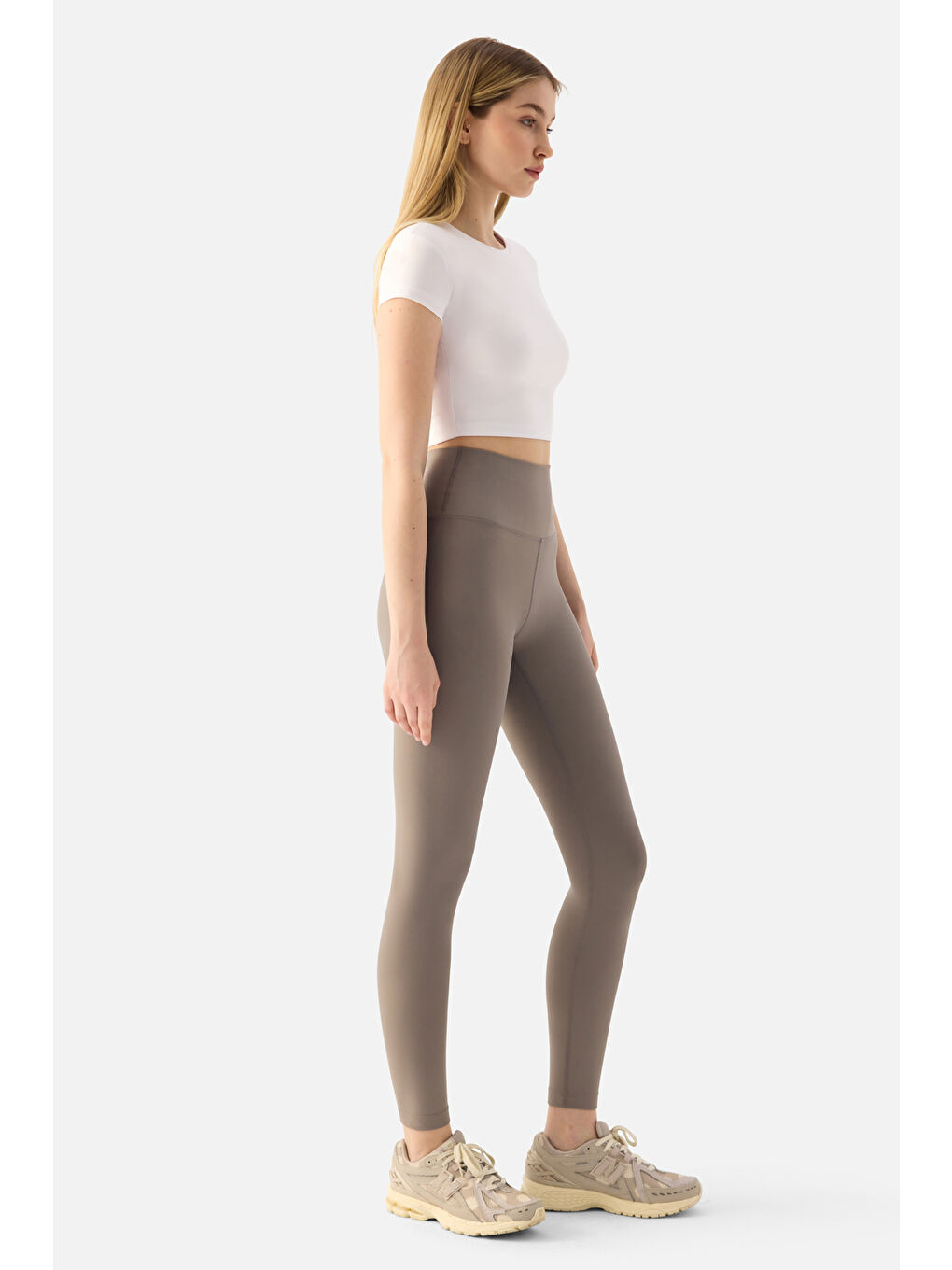 Bej Liora Yüksek Bel Yumuşak 7/8 Taş Rengi Spor Tayt-1
