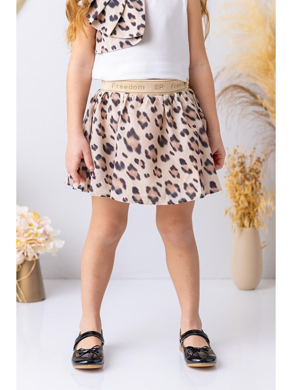 Kahverengi Kız Çocuk Leopar Desen Etek - Leopar Desenli