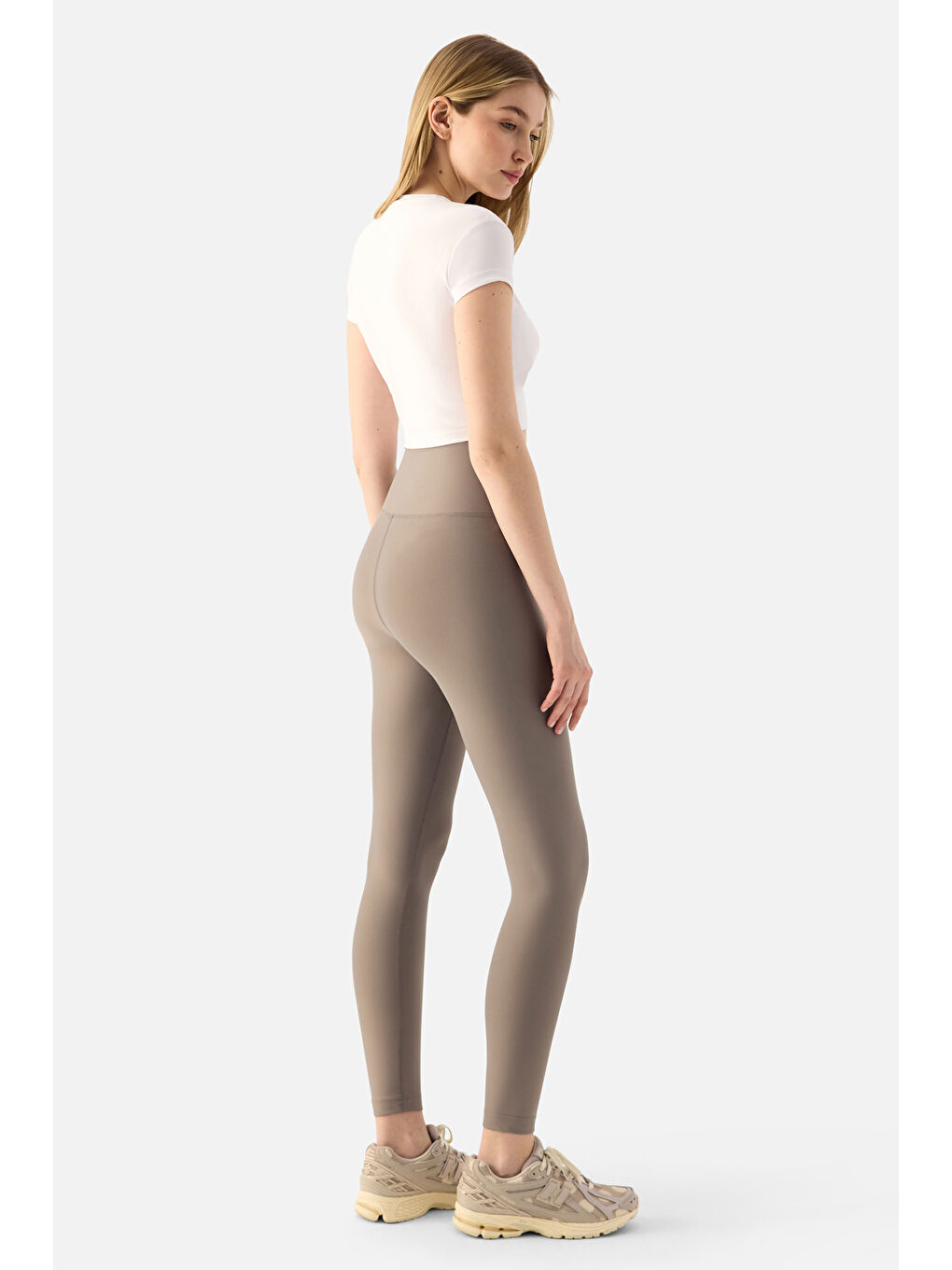 Bej Liora Yüksek Bel Yumuşak 7/8 Taş Rengi Spor Tayt-3