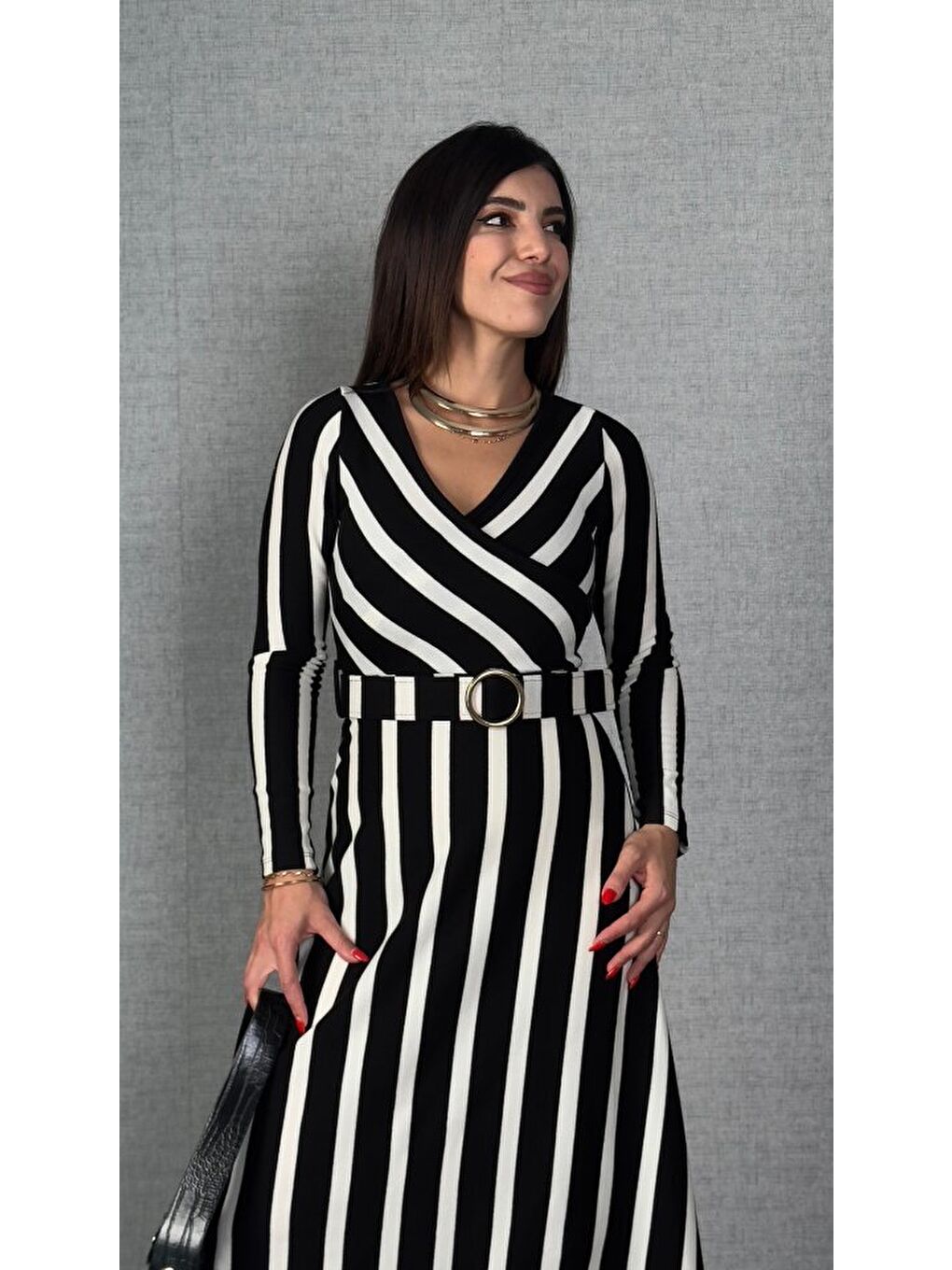 Kırmızı Kadın Uzun Kollu Kruvaze Yaka Kemer Dahil çizgili Triko Elbise-1