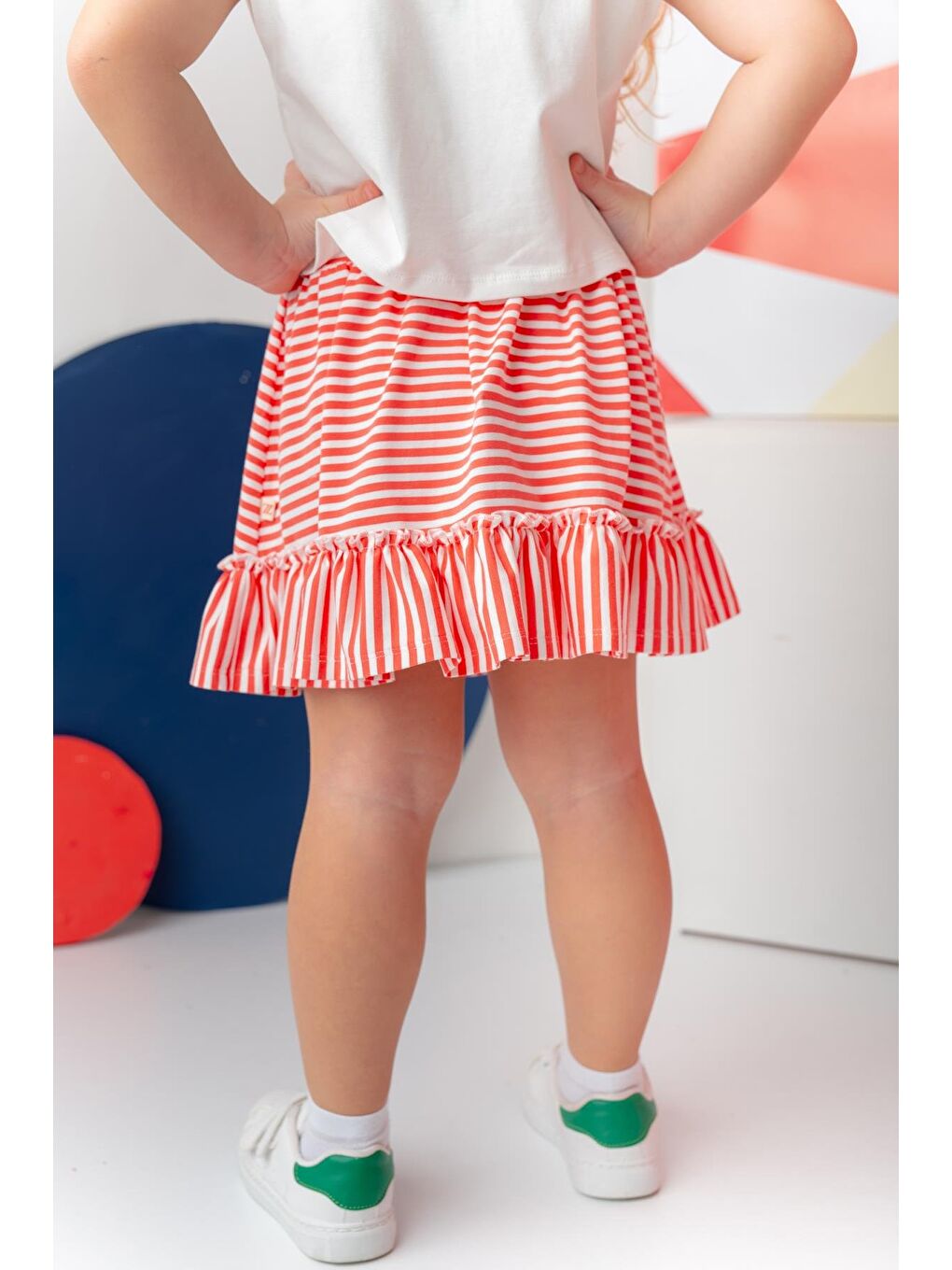 Kırmızı Kız Çocuk Penye Fırfırlı Çizgili Etek - Coral Çizgili-1