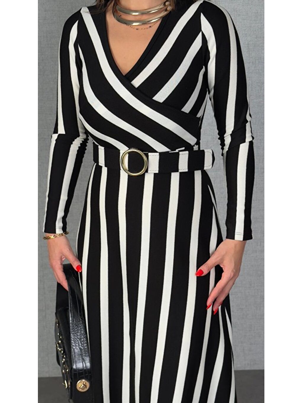 Kırmızı Kadın Uzun Kollu Kruvaze Yaka Kemer Dahil çizgili Triko Elbise-2