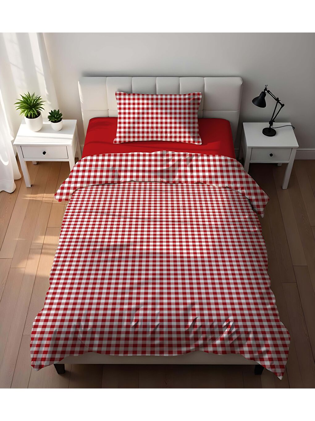 Karışık Çift Taraflı Kırmızı Pötikare  Desenli - Baskılı Tek Kişilik Nevresim Takımı