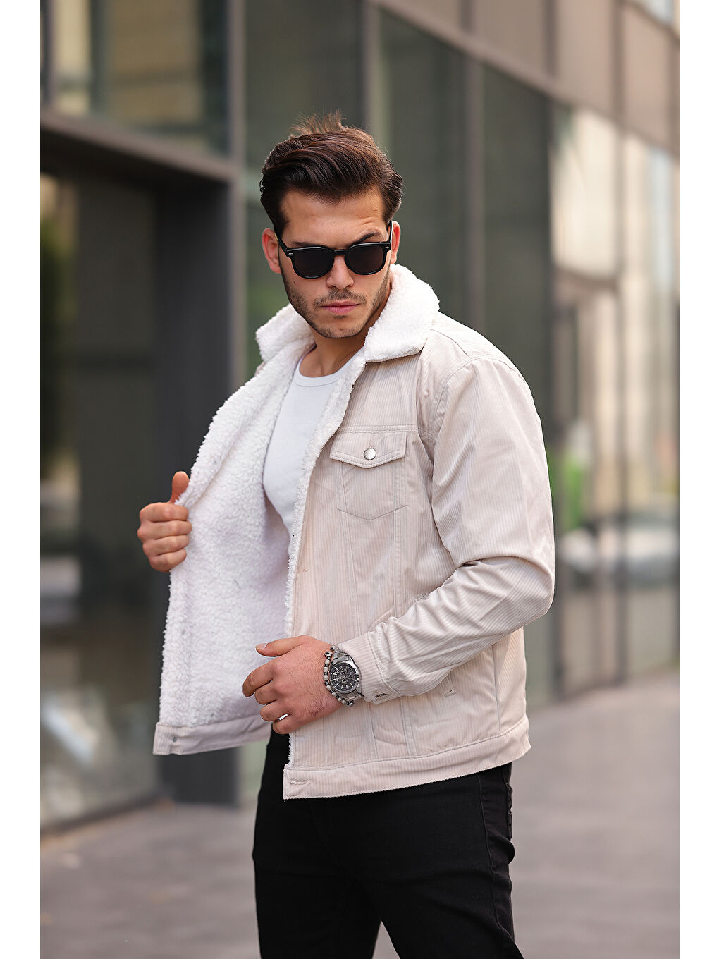 Bej İçi Kürklü Kadife Erkek Pelüş Yaka Ceket