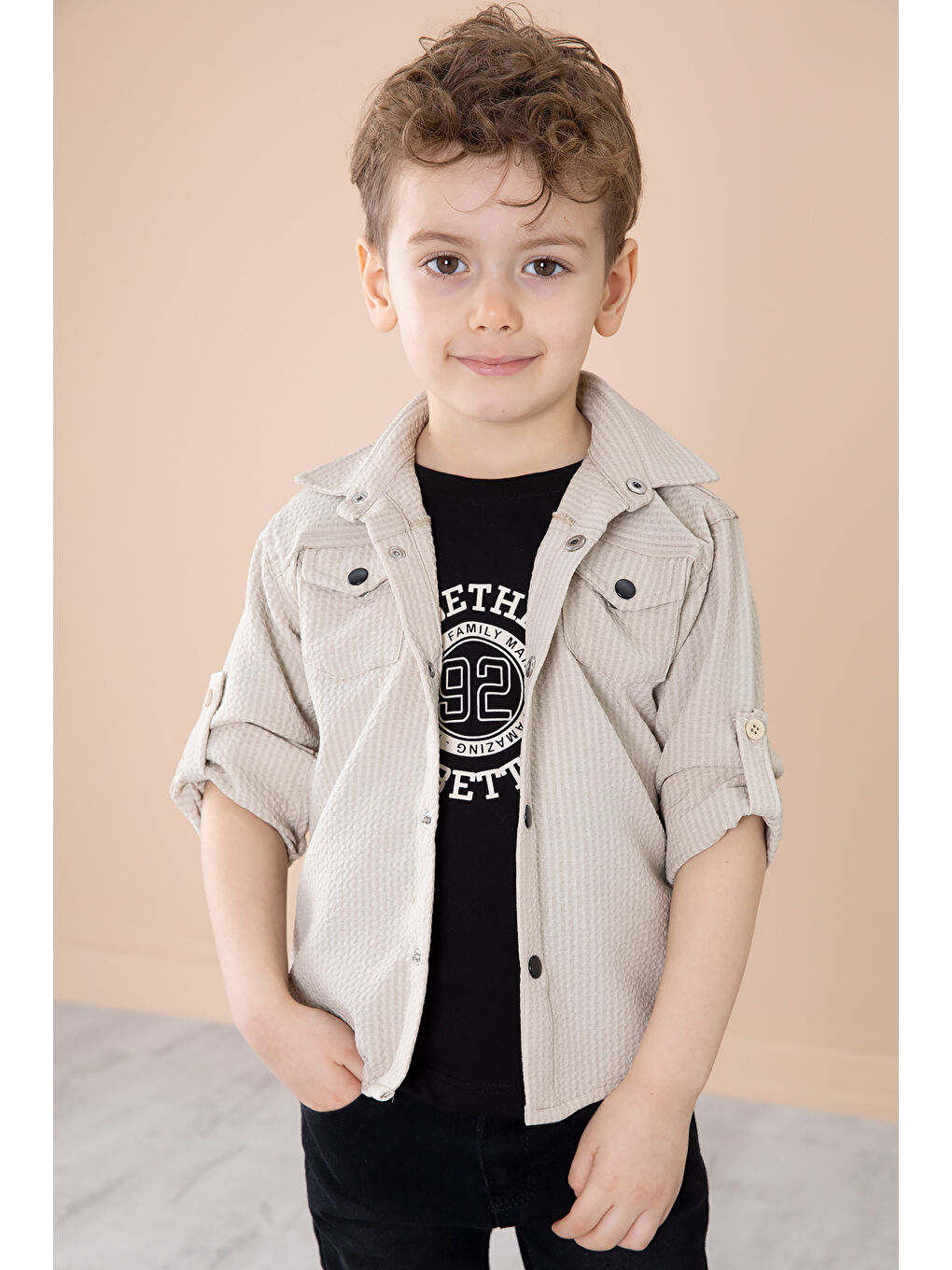 Ekru Krem Erkek Çocuk Çıtçıtlı Gömlekli Pantolonlu 3lü Alt Üst Takım 20266-1